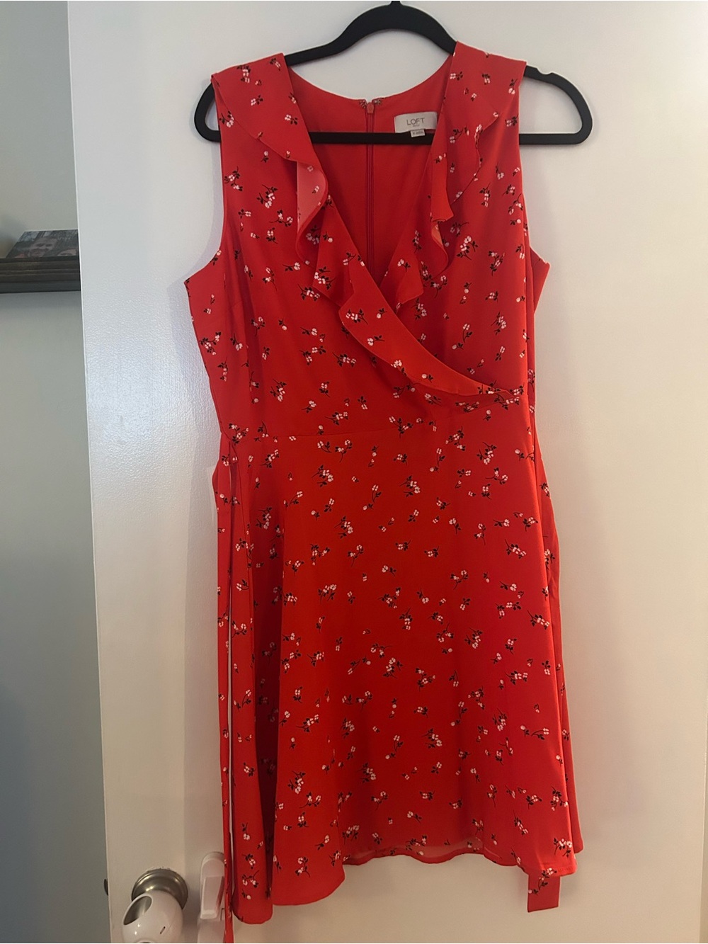 LOFT Coral-Red Floral Ruffle Wrap Mini Dress